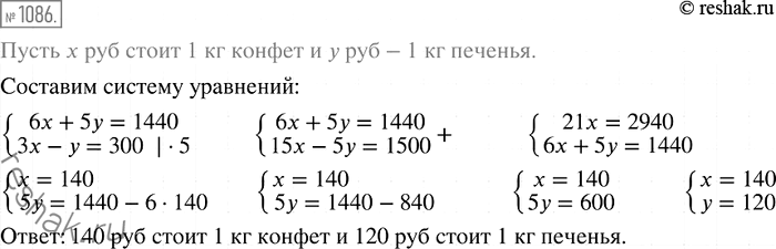 Изображение 1086.3а б кг конфет и 5 кг печенья заплатили 1440 р. Сколько стоит 1 кг конфет и сколько 1 кг печенья, если 3 кг конфет дороже 1 кг печенья на 300...