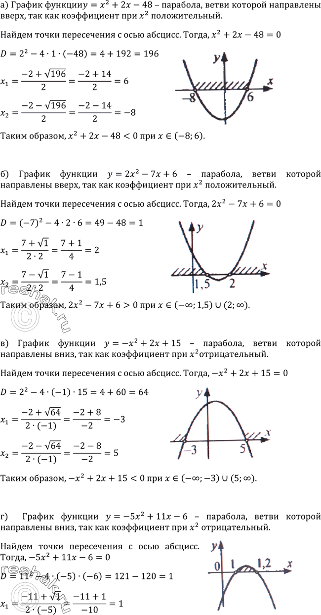 Изображение 304. Решите неравенство:а) х2 + 2х - 48 < 0;б) 2x2 - 7х + 6 > 0;в) -x2 + 2x + 15 < 0;г) -5х2 + 11x - 6 > 0;д) 4x2 - 12x + 9 > О;е) 25х2 + 30x + 9 < 0ж)...