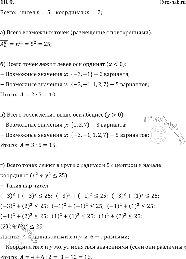 Изображение 18.9.	На координатной плоскости отмечены все точки, абсциссы и ординаты которых равны одному из следующих чисел: -3, -1, 1, 2, 7 (повторения допускаются).а) Сколько...