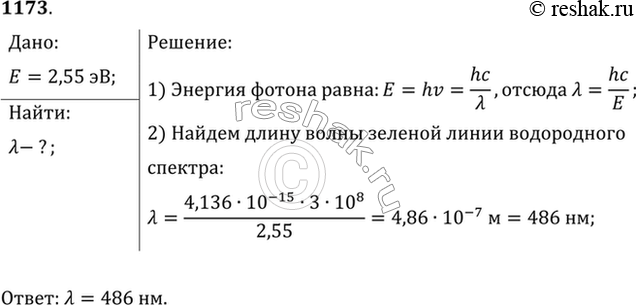 Изображение При переходе атома водорода из четвертого энергетического состояния во второе излучаются фотоны с энергией 2,55 эВ (зеленая линия водородного спектра). Определить длину...