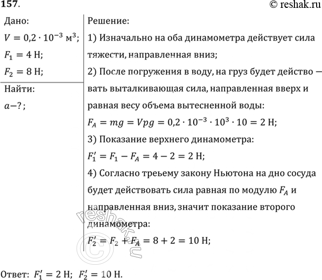 Изображение Что покажут динамометры (рис. 26), если верхний динамометр опустить так, чтобы груз объемом 0,2 дм3 оказался полностью погруженным в воду, но не касался дна...