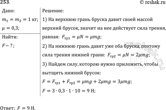 Изображение Два деревянных бруска	массой по 1 кг каждый лежат на деревянной доске (рис. 36). Какую силу надо приложить, чтобы вытащить нижний брусок из-под верхнего? Коэффициент...
