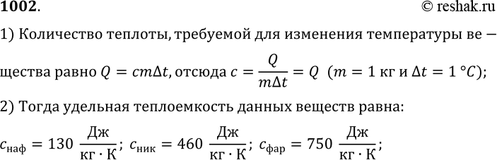 Изображение 1002.	Для изменения температуры нафталина, никеля и фарфора массой 1 кг на 1 °С соответственно требуется 130, 460 и 750 Дж энергии. Чему равна удельная теплоемкость этих...