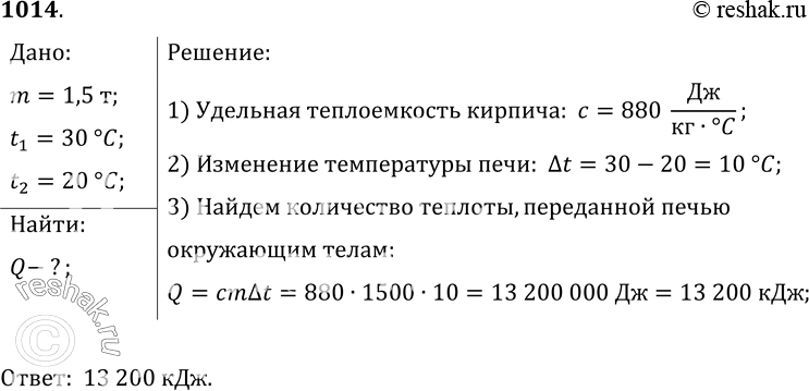 Изображение 1014.	Какое количество теплоты передаст окружающим телам кирпичная печь массой 1, 5 т при охлаждении от 30 до 20...