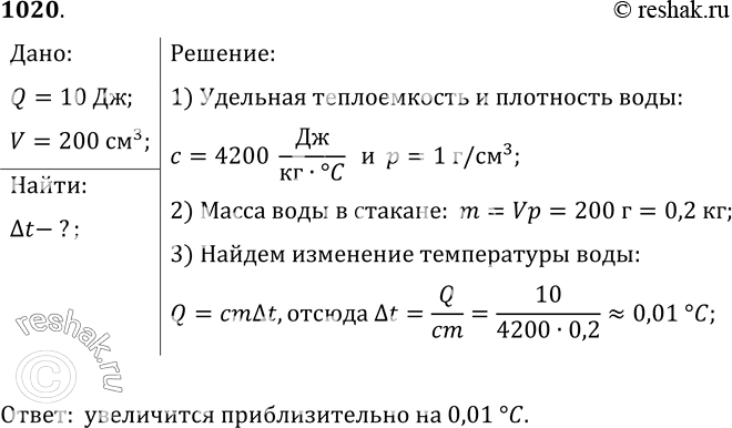 Изображение 1020.	На сколько изменится температура воды в стакане, если ей сообщить количество теплоты, равное 10 Дж? Вместимость стакана принять равной 200...