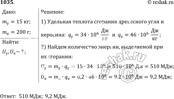 Изображение 1035.	Вычислите, сколько энергии выделится при полном сгорании древесного угля массой 15 кг; керосина массой 200...