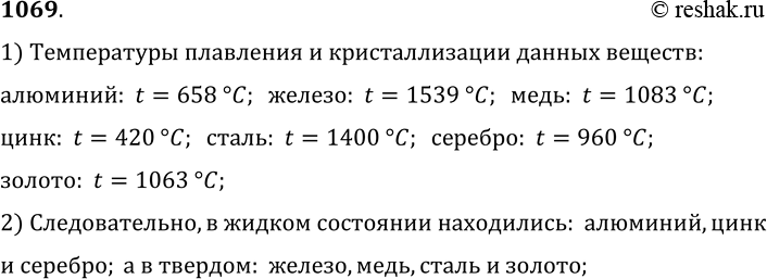 Изображение 1069.	При постановке эксперимента отдельно нагревали до 1000 °С алюминий, железо, медь, цинк, сталь, серебро и золото. В каком состоянии — жидком или твердом —...