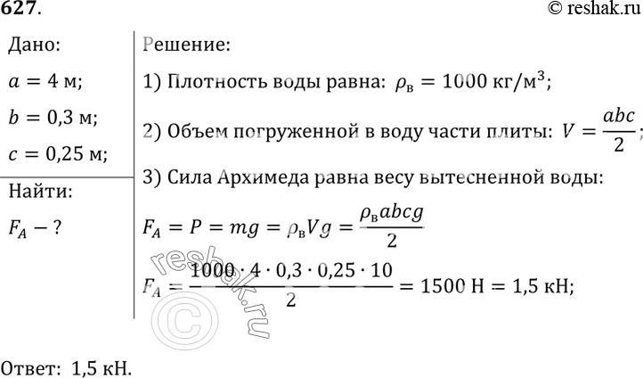 Изображение 627.	Железобетонная плита размером 4x0,3x0,25 м погружена в воду на половину своего объема. Какова архимедова сила, действующая на...