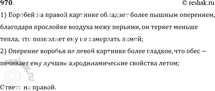 Изображение 970.	Мальчик зарисовал воробья (рис. 261) один раз летом, а другой раз зимой. Какой из рисунков сделан зимой?1) Воробей на правой картинке обладает более пышным...