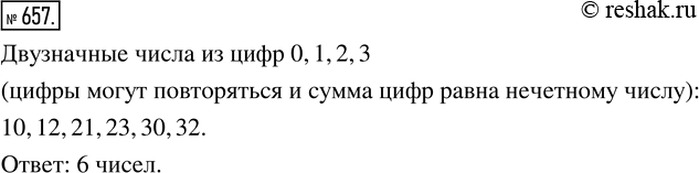 Изображение 657. Сколько двузначных чисел, сумма цифр которых равна нечётному числу, можно составить из цифр 0, 1, 2, 3?Комбинаторные задачи – это задачи, решение которых требует...