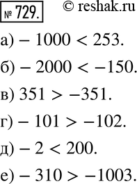 Изображение 729. Сравните числа:а) -1000 и 253; б) -2000 и -150; в) 351 и -351; г) -101 и -102; д) -2 и 200;е) -310 и...
