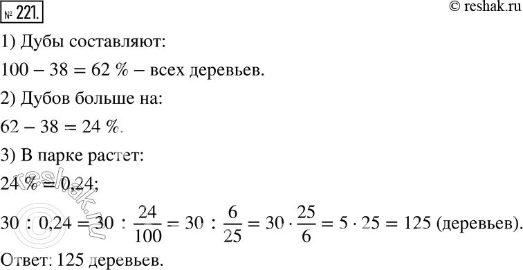 Изображение 221. В парке растут дубы и клёны, причём дубов на 30 деревьев больше, чем клёнов. Клёны составляют 38 % всех деревьев. Сколько деревьев растёт в...