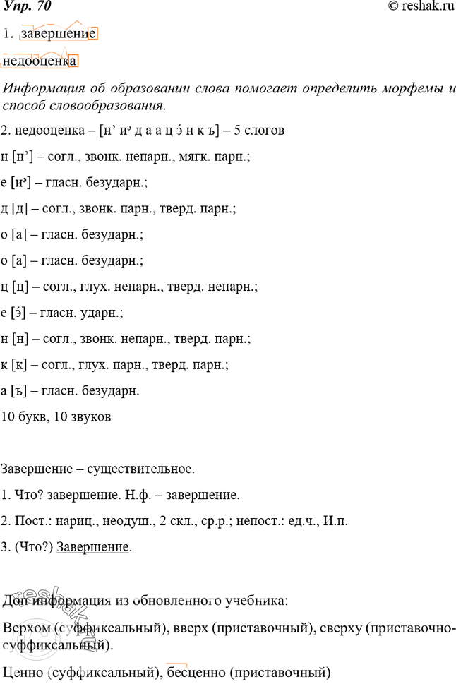 Изображение 70. 1. Разберите по составу слова завершение, недооценка. Проверьте себя по словообразовательному словарику.Сделайте вывод о том, как информация об образовании слова...