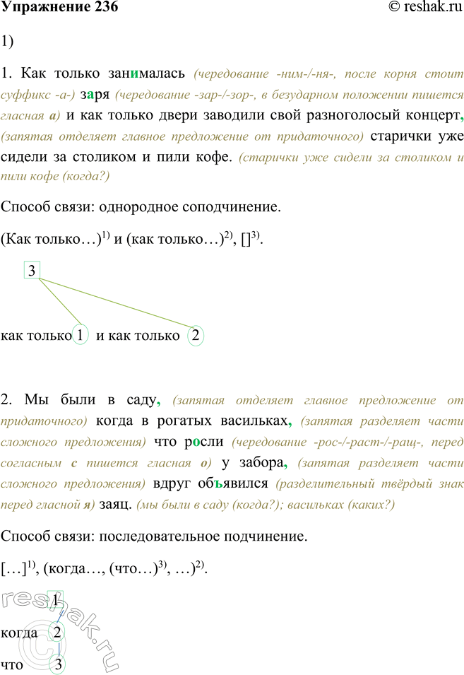 Изображение 236 Проанализируйте предложения. Определите способы связи придаточных частей в сложноподчинённых предложениях с несколькими придаточными.1) Как только занималась з..ря...