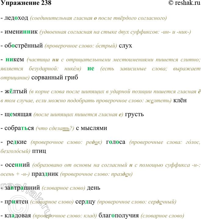 Изображение 238 - ледоход (соединительная гласная о после твёрдого согласного)- именинник (удвоенная согласная на стыке двух суффиксов: -ин- и -ник-)- обострённый (проверочное...