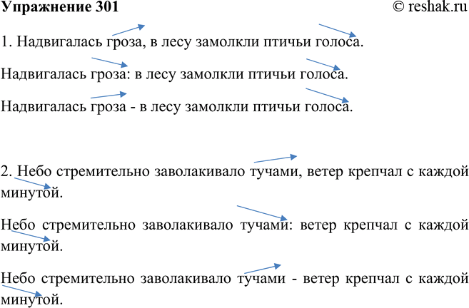 Изображение 301 Проверьте, владеете ли вы интонацией бессоюзного сложного предложения. Для этого вслух прочитайте каждый вариант предложения. Следите за правильностью интонации, с...